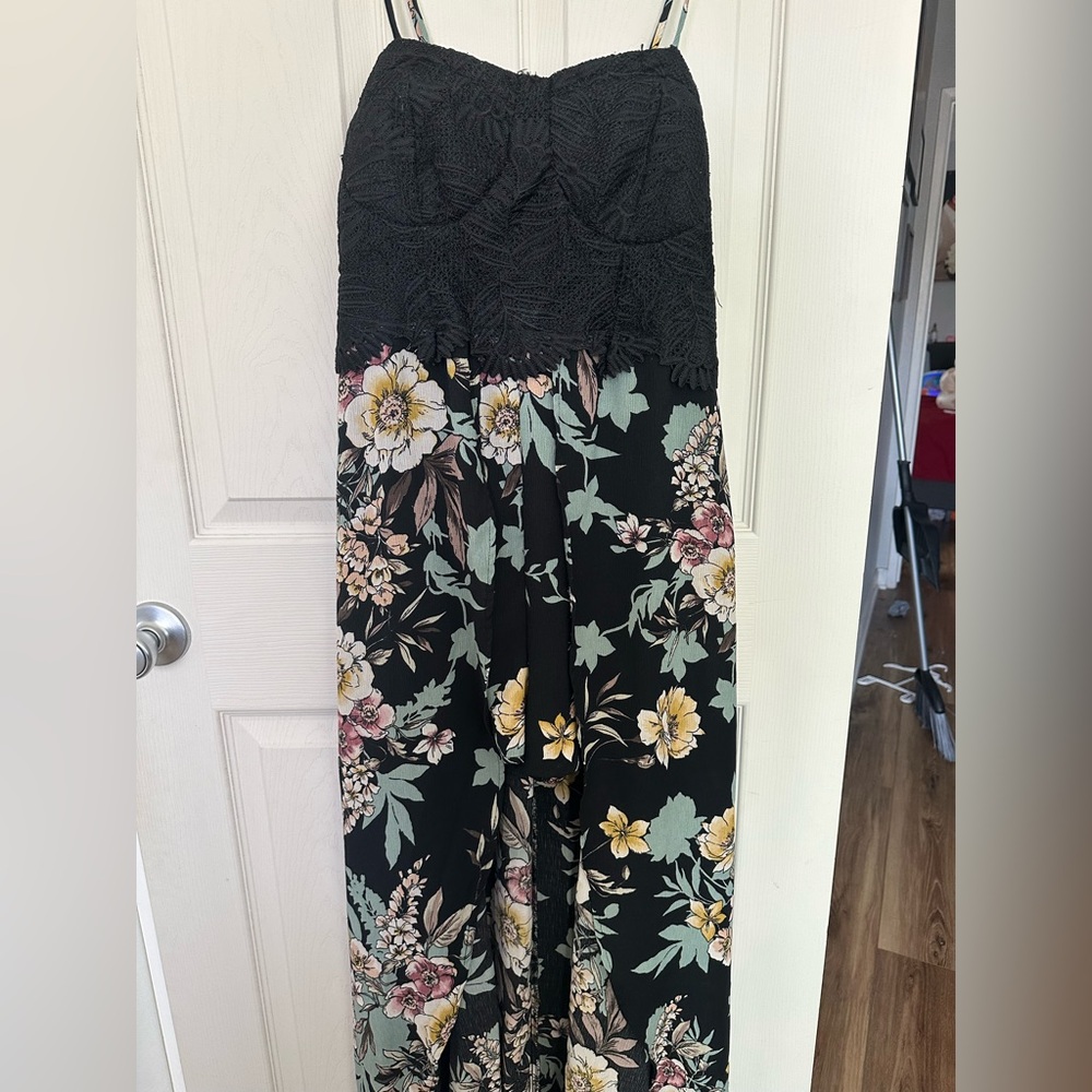 Xhilaration Black Romper with Lace Bodice and Floral Design